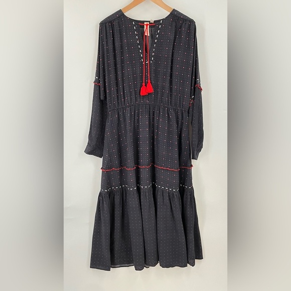 Anthro DOLAN XL Lindy Midi Dress 0702 Long Sleeve red black tiered peasant - Picture 2 of 12